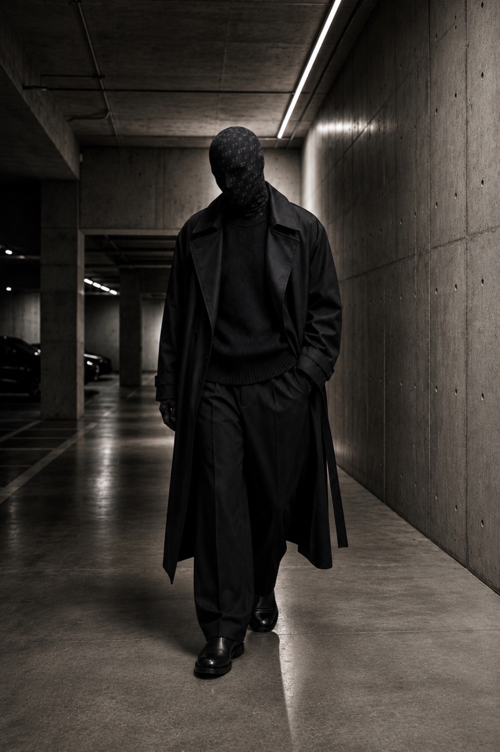 Subject 27 walking through a stark concrete passage in a tailored black-and-white look.