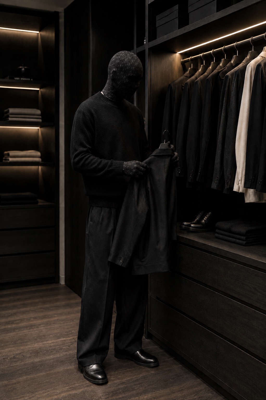 Subject 27 studying wardrobe pieces in a quiet monochrome room.